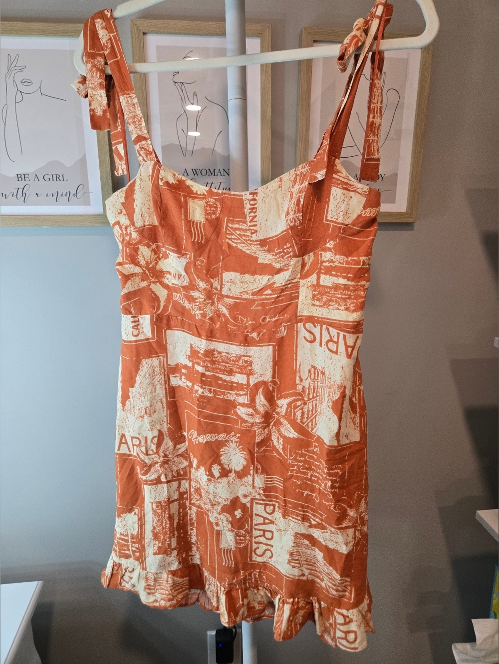 Urban Outfitters Rust Orange Printed Tie-Shoulder Sundress
